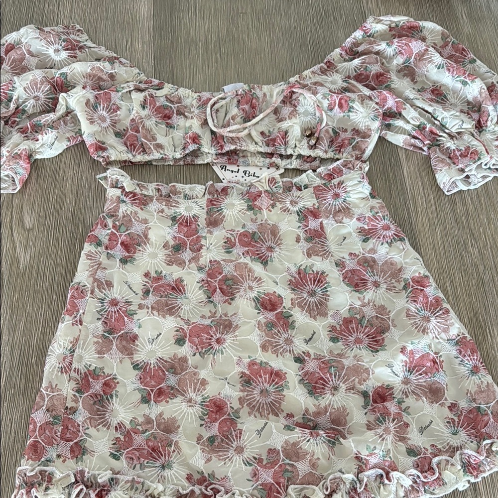 Angel Biba Pink Ruched Smocked Skirt Set